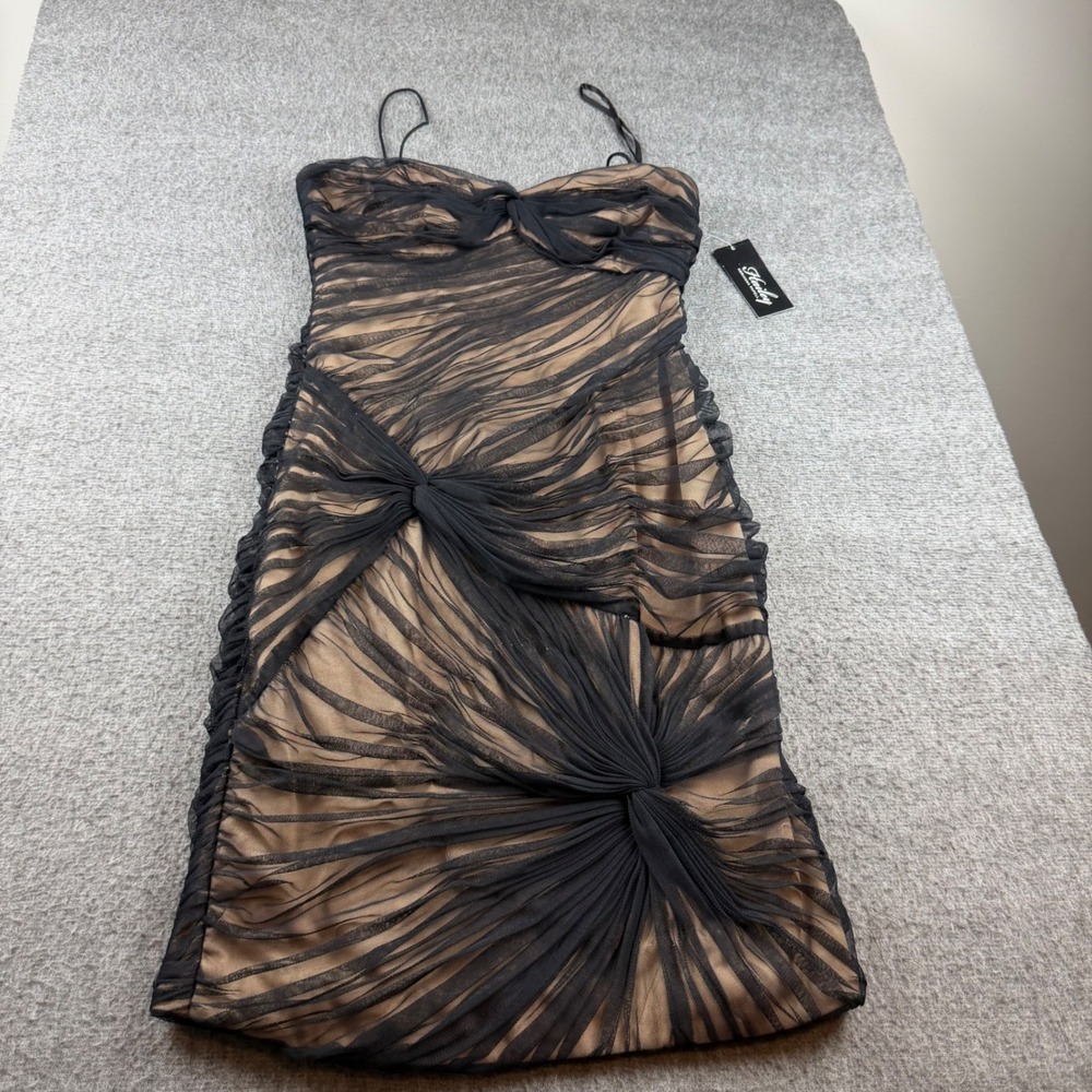 Hailey Adrianna Papell Cocktail Dress Women's 4 Black Nude Ruched Mesh 231M14540